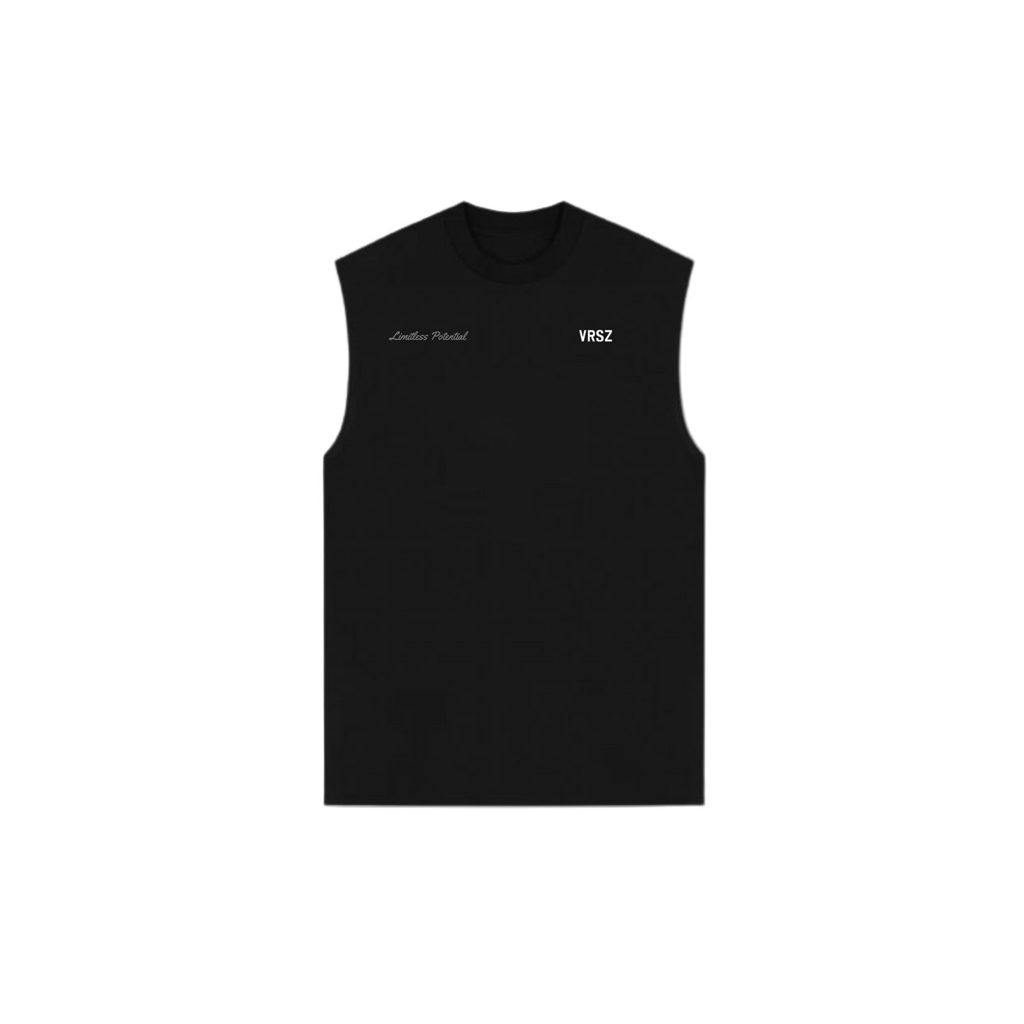 Black sleeveless shirt with white text on a white background