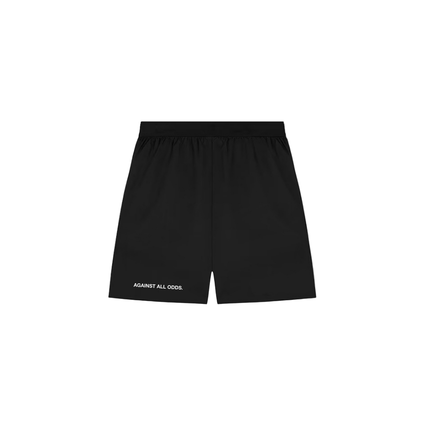 Black shorts with 'Against All Odds' text on a white background