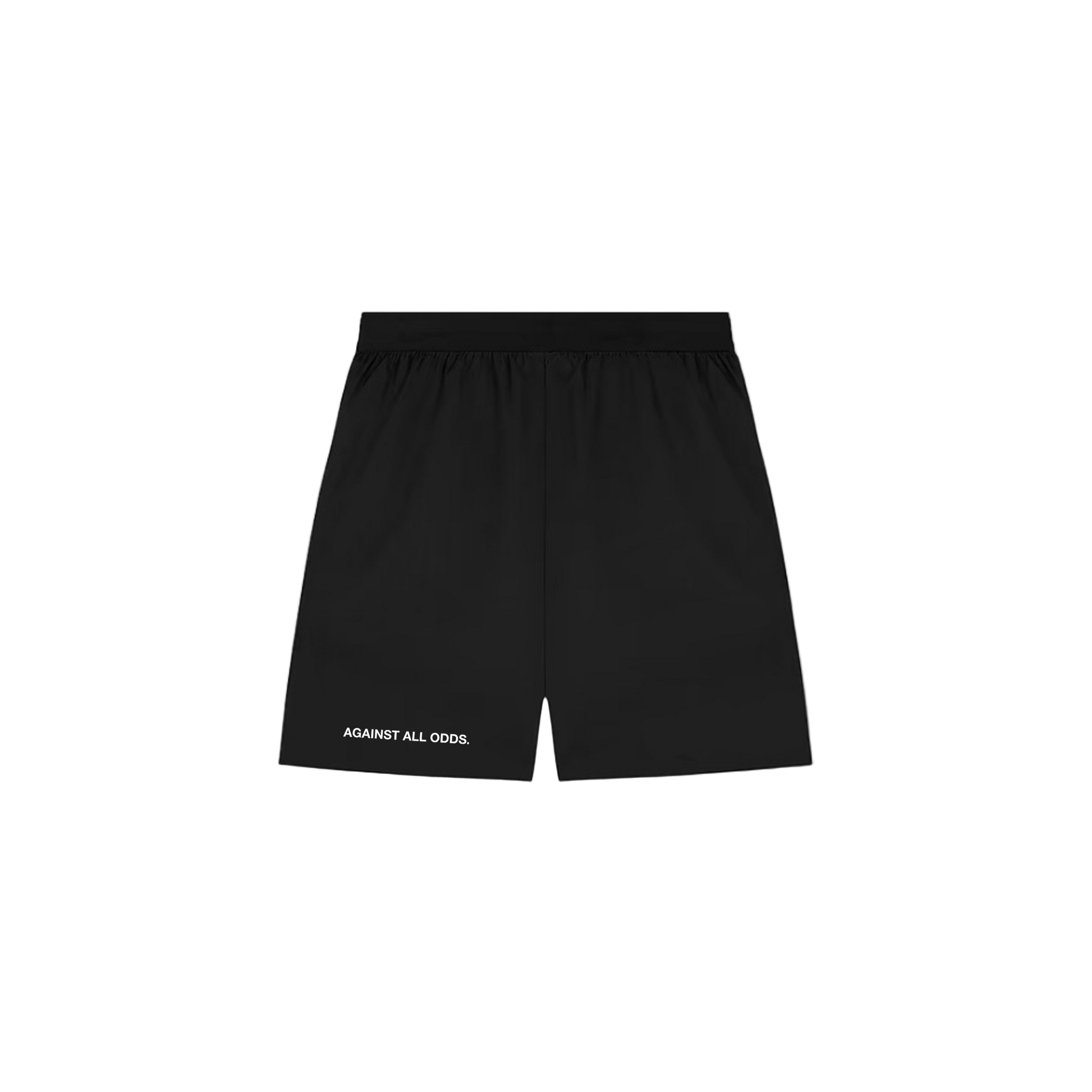 Black shorts with 'Against All Odds' text on a white background