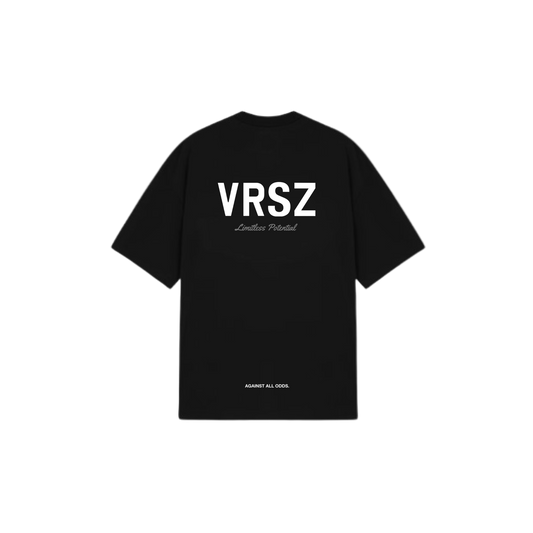 Black t-shirt with 'VRSZ' branding on a white background