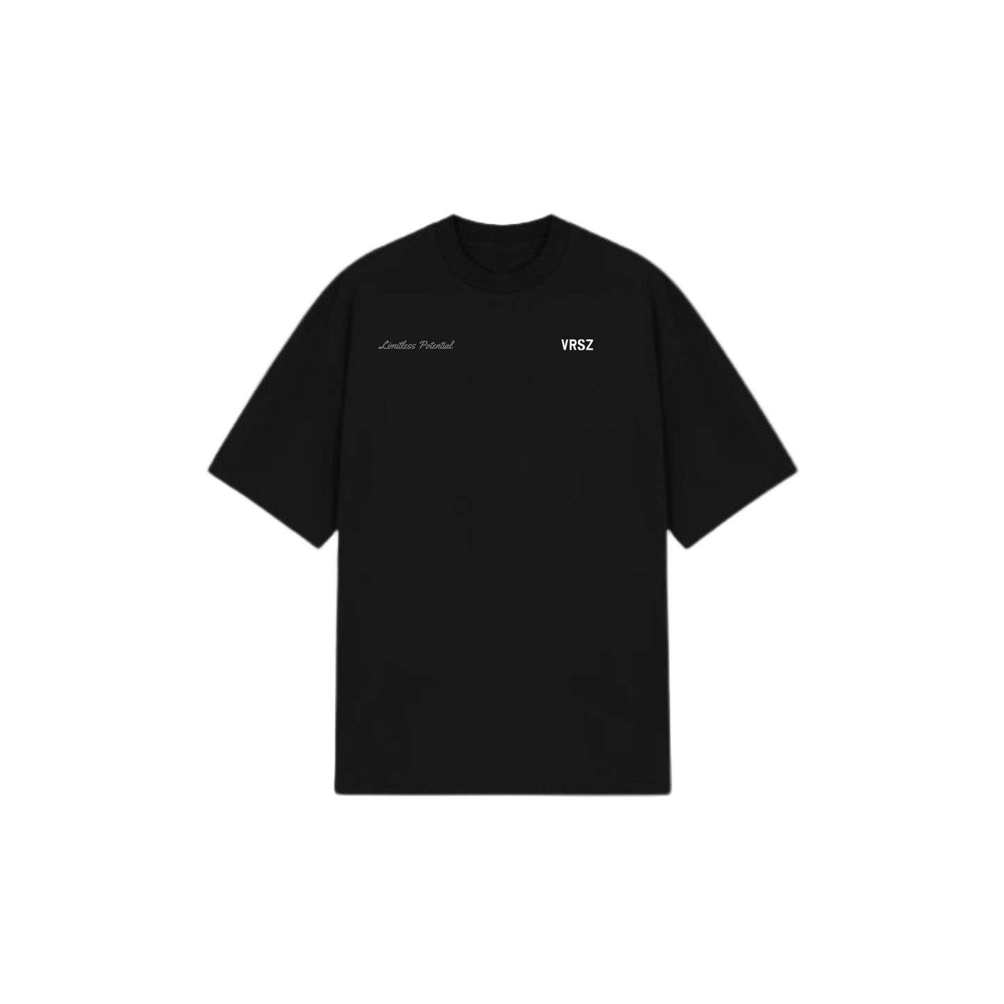 Black t-shirt with white text on a white background
