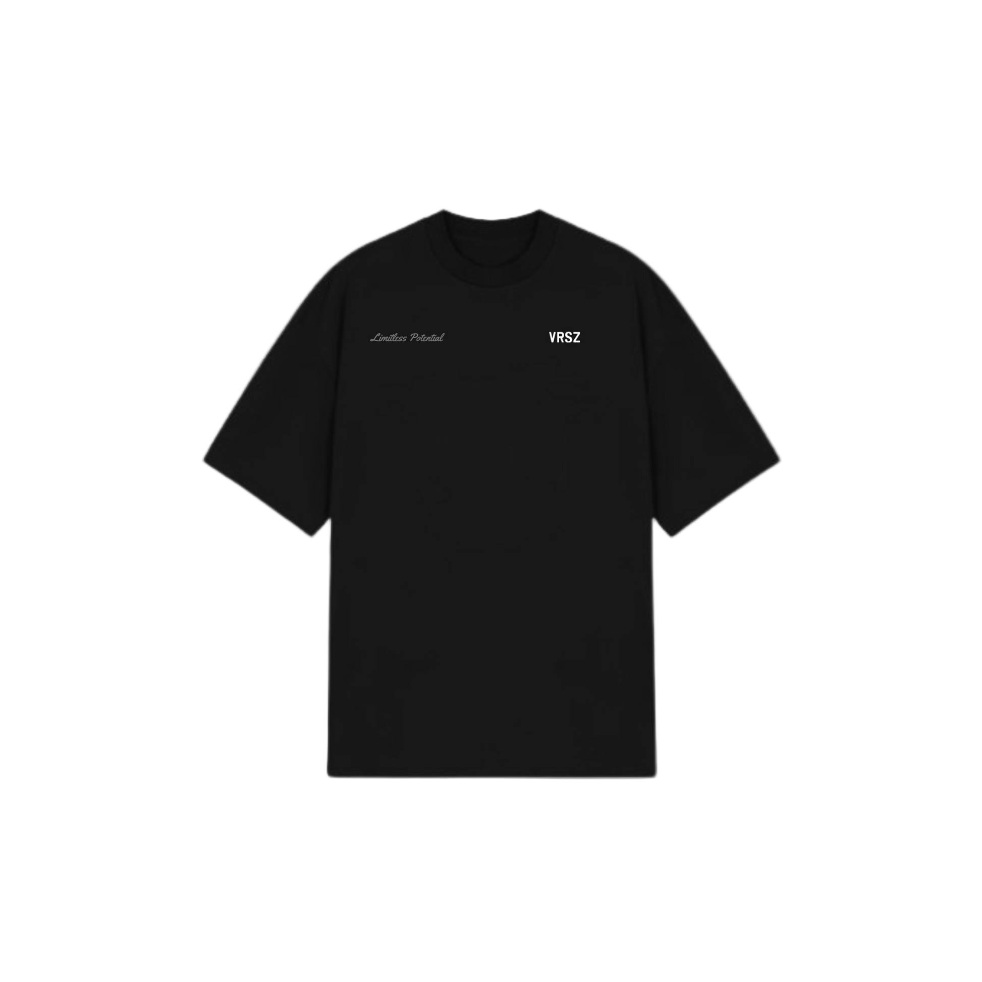 Black t-shirt with white text on a white background
