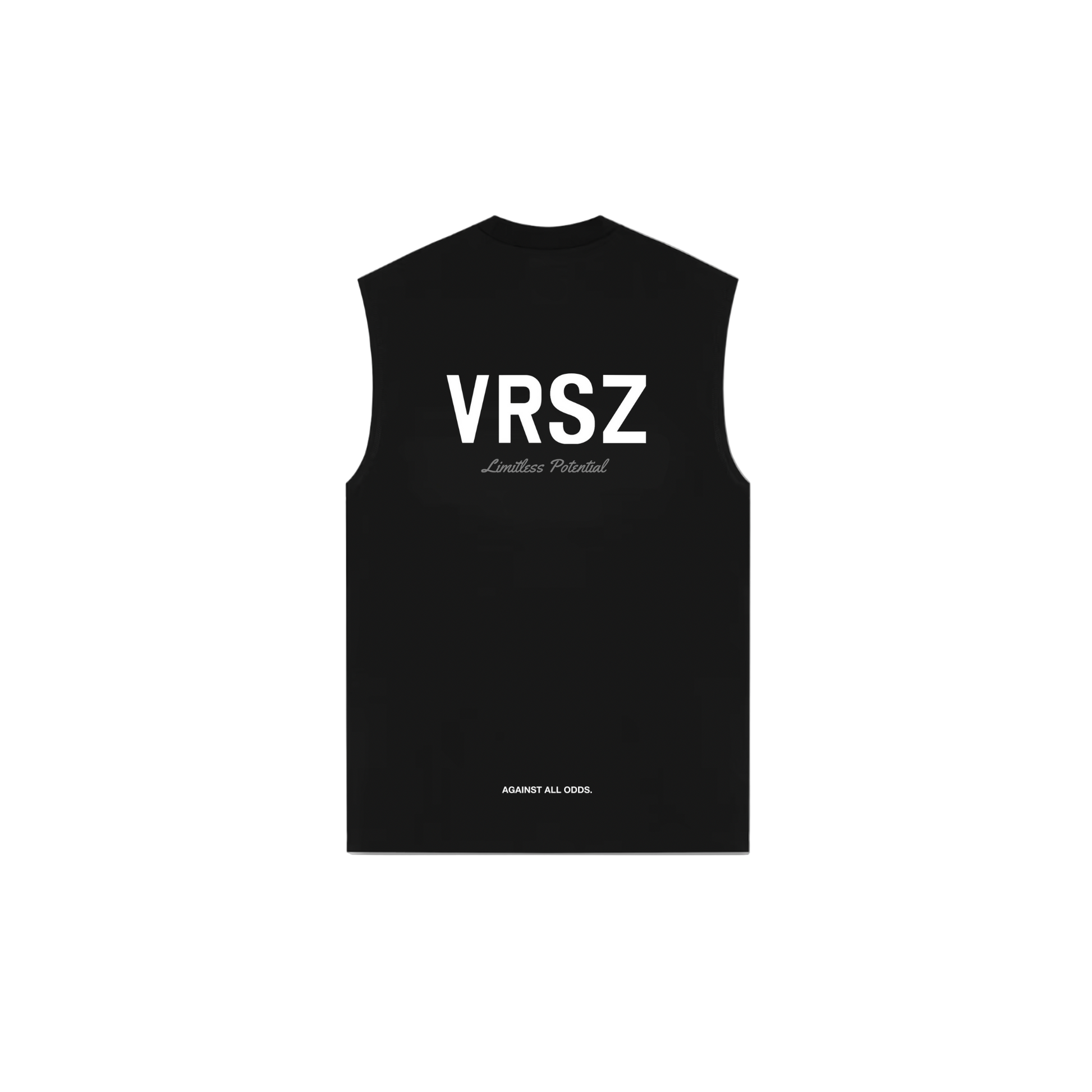 Black sleeveless shirt with 'VRSZ' logo on a white background