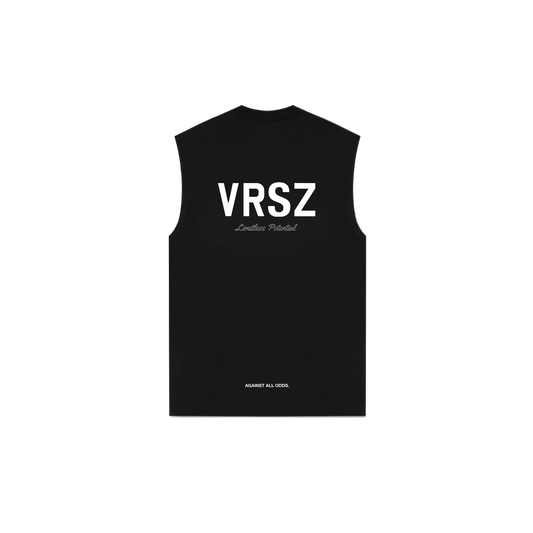Black sleeveless shirt with 'VRSZ' logo on a white background