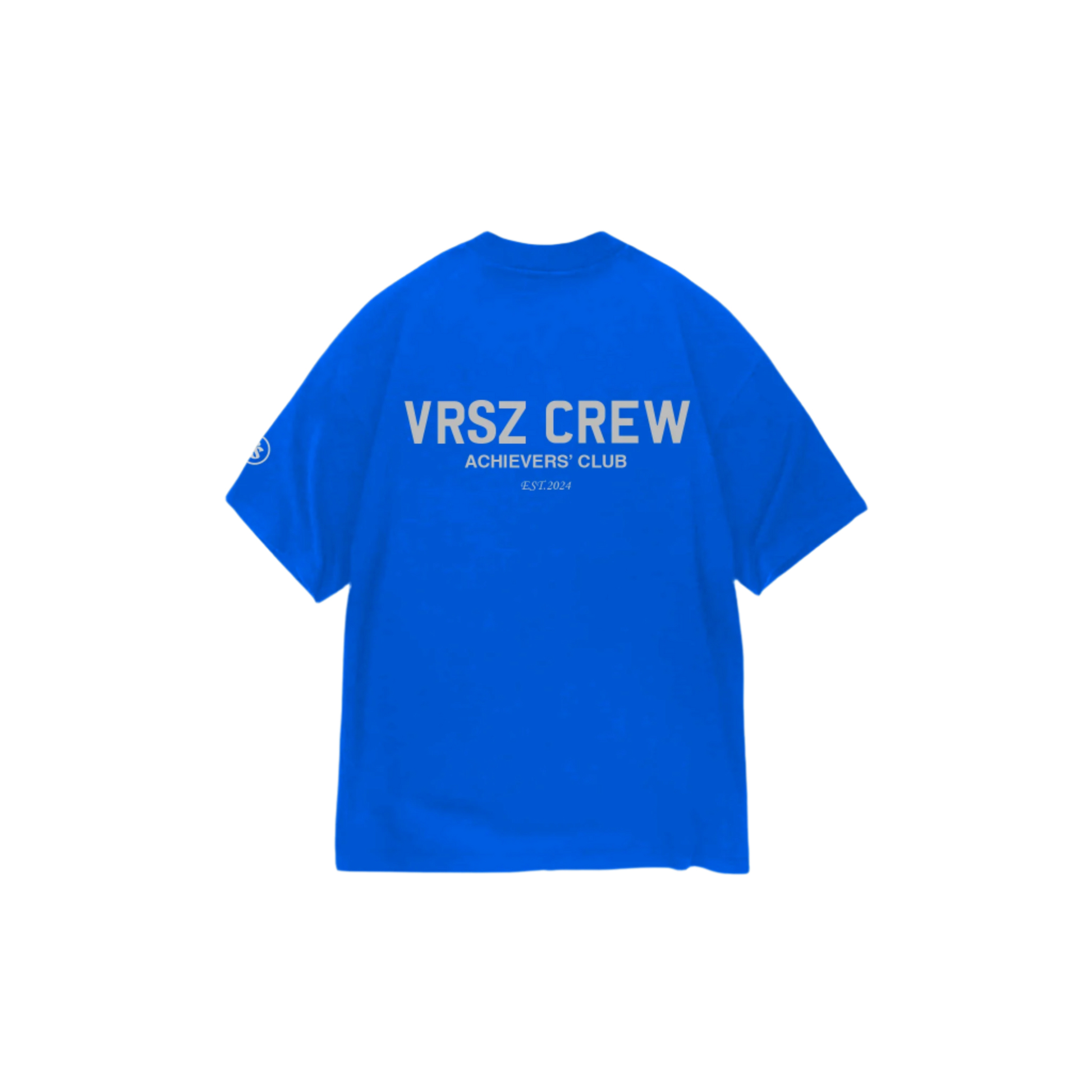 A royal blue t-shirt with 'VRSZ CREW' and 'ACHIEVERS' CLUB' text printed on the front and back.